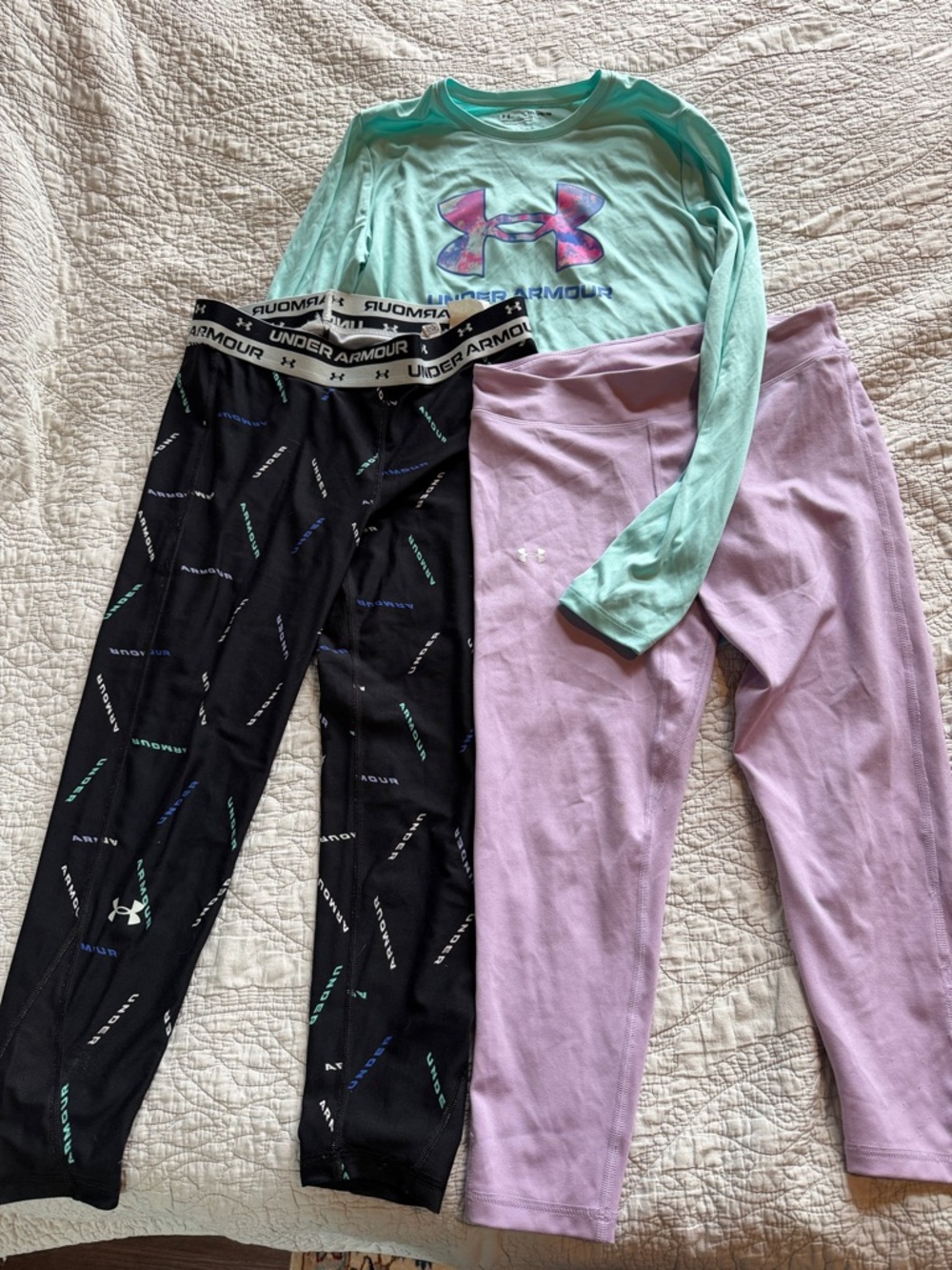 LOT of 3 Girls Under Armour XL Activewear – Mint LS Shirt & 2 Pairs Capris
